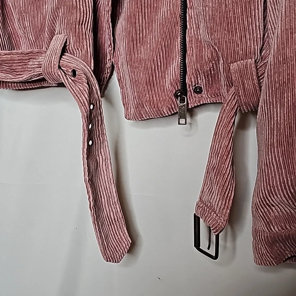 K. Zell Paris cropped crop corduroy moto pink zip up belted jacket sz Small